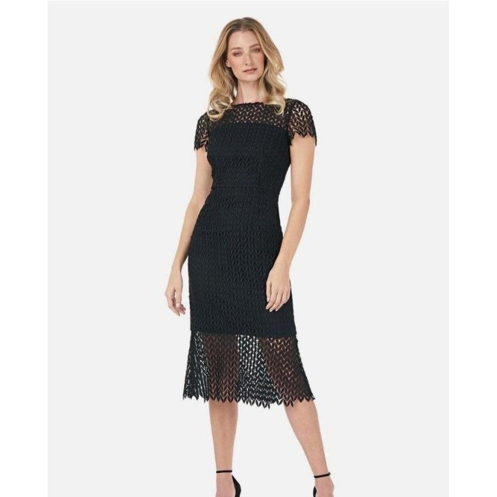 NWT Kay Unget Black Lace Sheath Dress‎ Short Sleeve Midi Cocktail Party Formal M